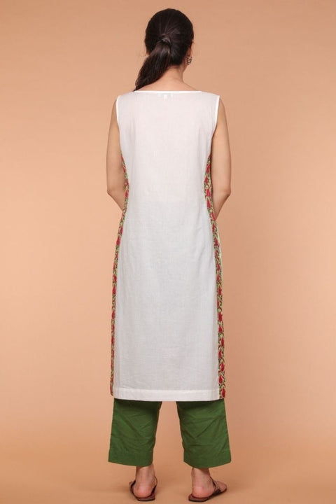 Cotton Straight Fit Kurta with Side Detail in White & Fern Green Palazzo (Set of 2)