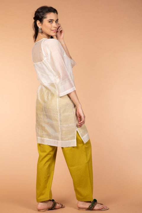 Premium Chanderi Silk Boxy Shirt Kurta in Off-White & Ochre Yellow with Cotton Pyjama Pants - Set of 2 | Vinusto

