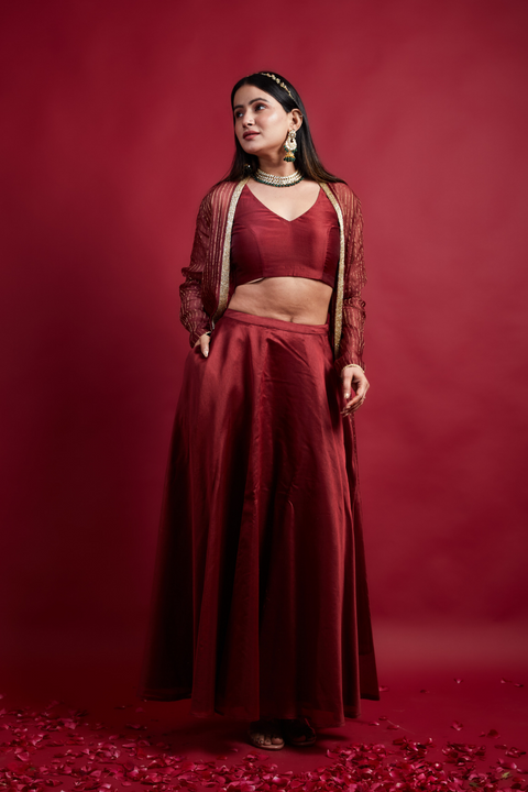 Shop Coord Set- Skirt & Top Set With Long Shrug Jacket In Chanderi Handloom (Set Of 3)at Best Price online - By Vinusto