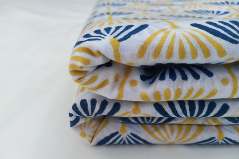Cotton hand block print fabric in Yellow & Blue