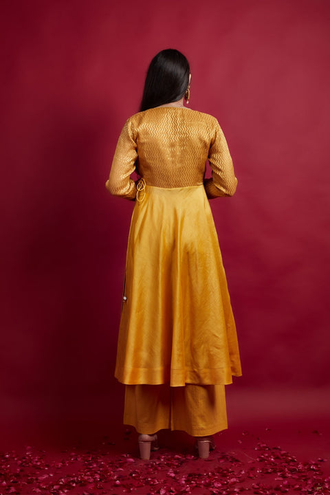 Handcrafted Turmeric Yellow Anarkali Kurta with Cotton Palazzo (Set Of 2) - By Vinusto