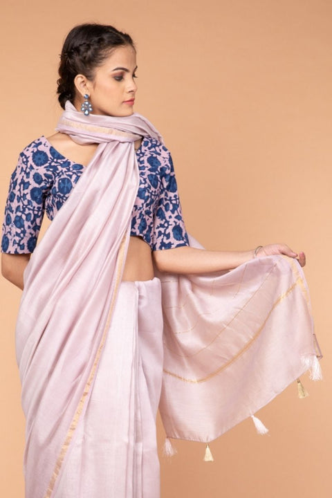 Luxury Woven Chanderi Sari in Onion Pink with Hand Block Printed Cotton Blouse in Indigo | Vinusto