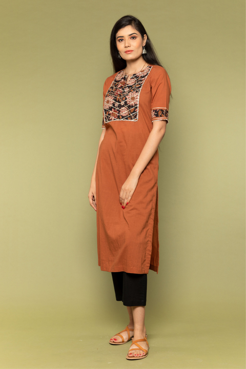 Shop Terracotta Brown Printed Yoke Cotton Kurta with Black Cotton Pants - Set of 2

