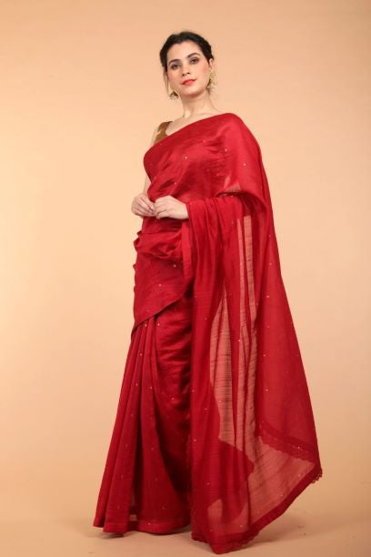 Handcrafted Saree in Cranberry Red Chanderi Handloom Silk