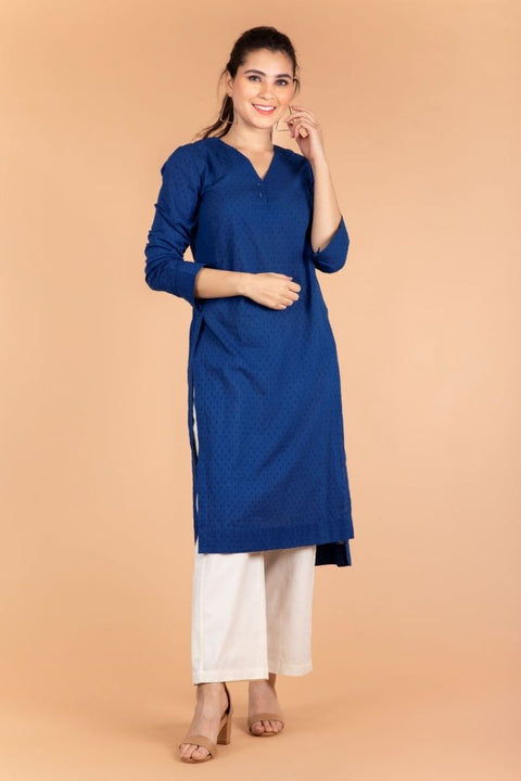 Cobalt Blue Kurta with Forward Slit in Swiss Dot Cotton