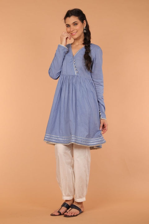 Pale Blue Cotton Angrakha Kurta With Gota Work