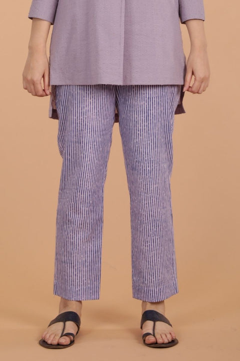 Buy Pinstripe Cotton Pants in Blue & Lilac Hand Block Print | Vinusto