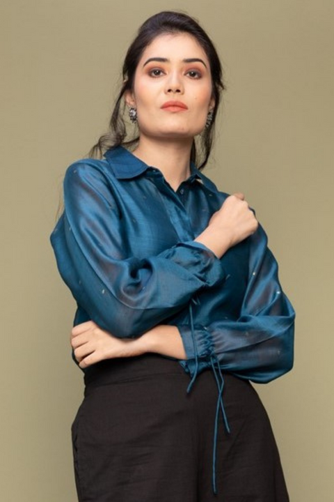 Buy Teal Blue Chanderi Handloom Shirt with Balloon Sleeves | Vinusto