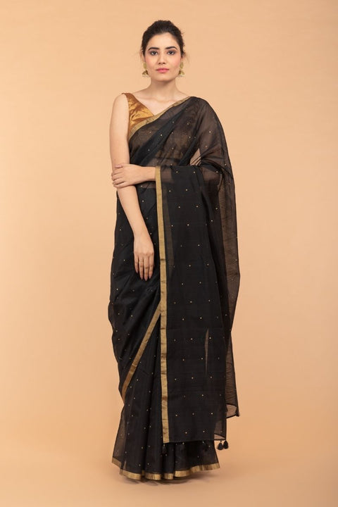 Handcrafted Saree in Black Chanderi Handloom Silk
