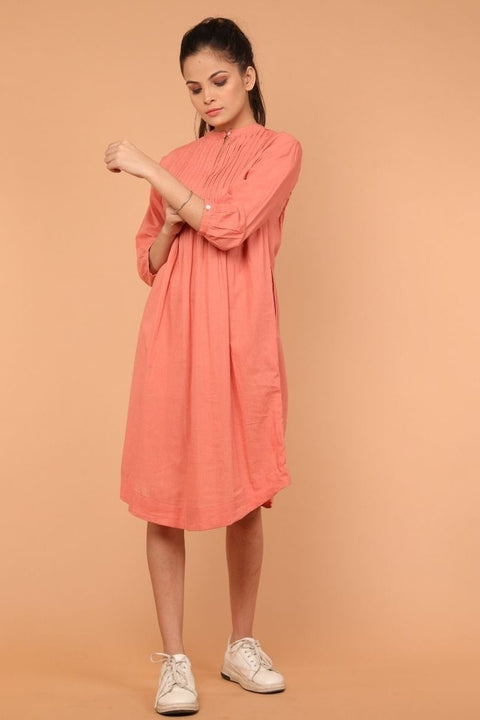 Buy Pintuck Shift Dress in Coral Cotton | Vinusto