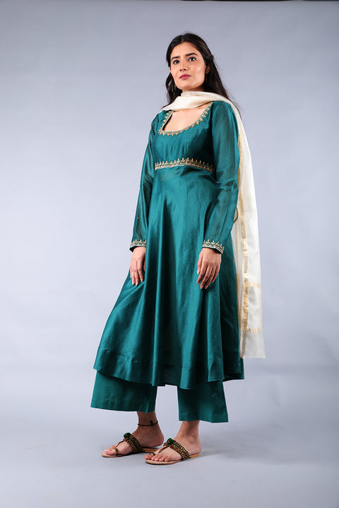 Order Embroidered Anarkali in Teal Chanderi & Off-White Cotton Palazzo Set – Set of 3

