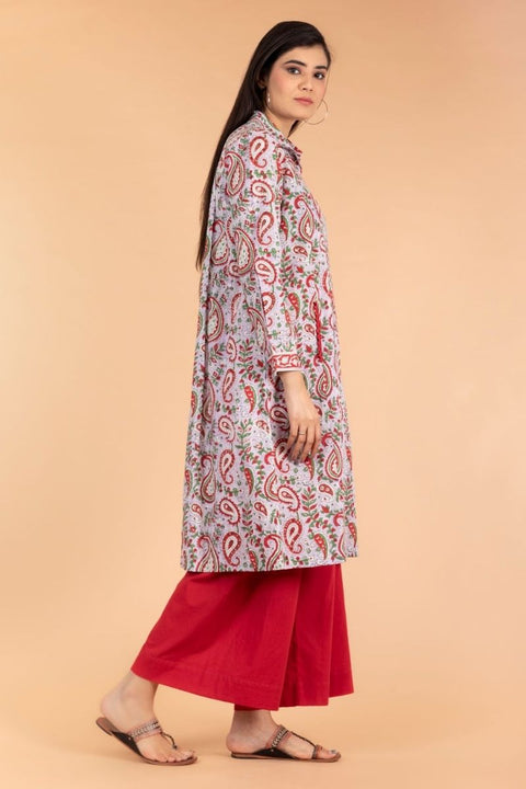 Shirt Kurta in Lilac & Red Hand block Printed Cotton