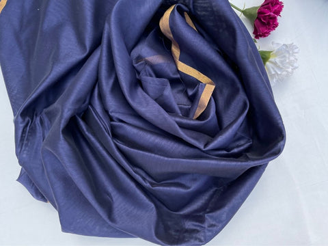 Order Handwoven Chanderi Fabric In Midnight Blue With Gold Border - By Vinusto