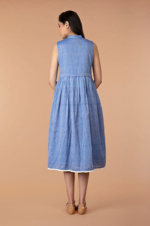 Premium Chambray Blue Fringe Placket Dress in Sambalpur Handloom Cotton | Vinusto