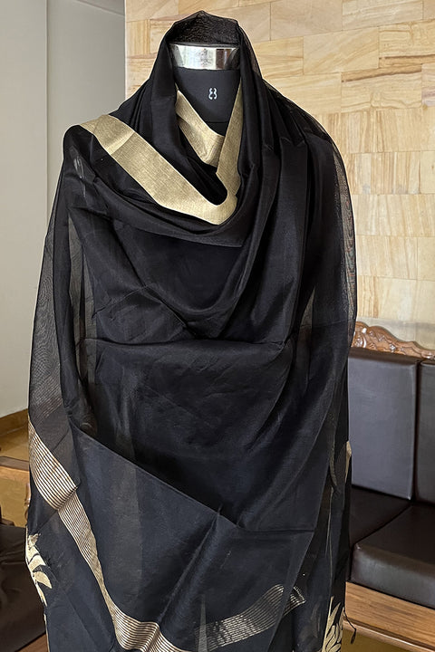 Premium Chanderi Mercerized Silk Dupatta in Black | Vinusto