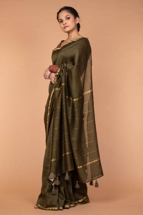 Buy Woven Chanderi Sari in Olive Green with Hand Block Printed Cotton Blouse in Maroon | Vinusto
