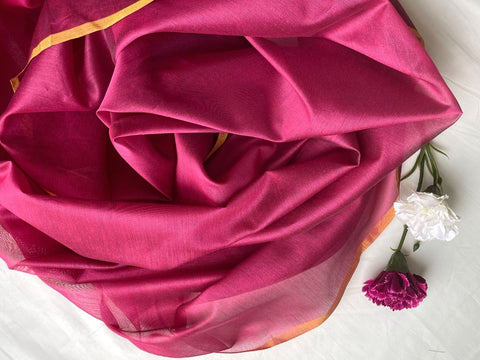 Handwoven Fuchsia Pink Chanderi silk fabric with gold border