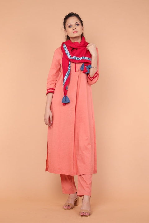 Shop Kurta Set in Coral Cotton with Square Scarf in Red (Set of 3) by Vinusto 