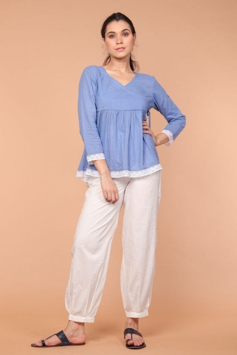 Buy Angrakha Wrapped Top in Oxford Blue with Gathered Pants in White (Set of 2) | Vinusto