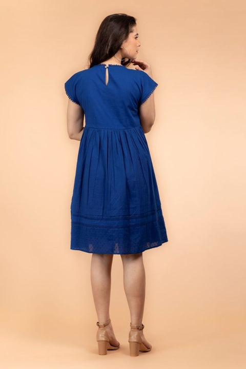 Handcraft Gathered Dress with Laces in Cobalt Blue Cotton | Vinusto