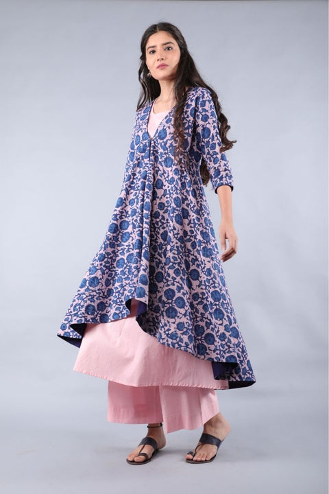 Pink & Indigo Hand block Printed Cotton Jacket With Waterfall Hem