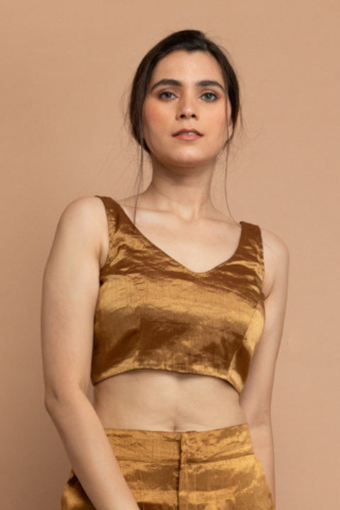 Gold Zari Sleeveless Blouse in Handwoven Fabric