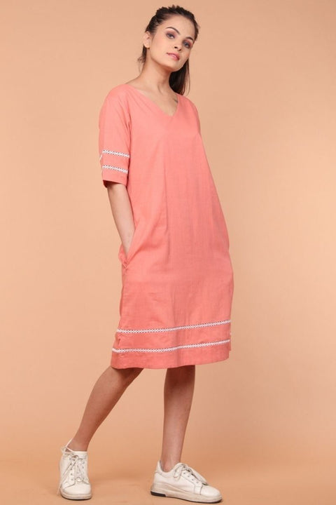 Buy Shift Dress with Lace Inserts in Coral Cotton | Vinusto
