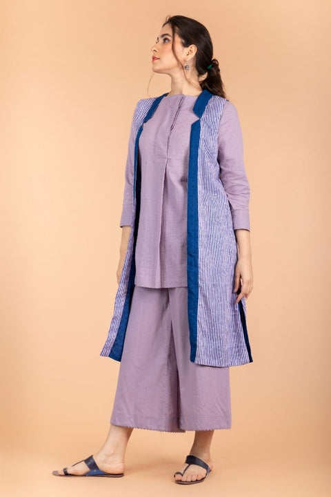 Premium Pleated Short Kurta in Lilac Textured Cotton with Lilac Cotton Palazzo & Hand Block Printed Reversible Jacket (Set of 3) | Vinusto