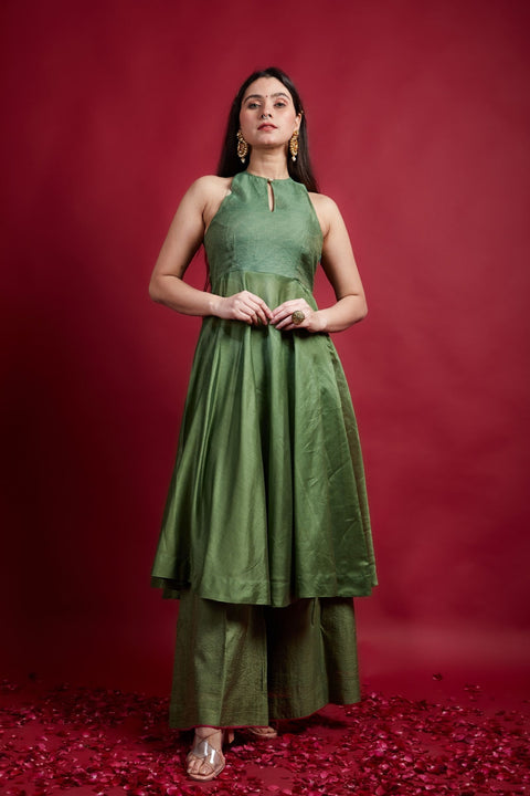 Order Olive Green Layered Anarkali & Palazzo Set in Chanderi Handloom (Set of 3) - By Vinusto