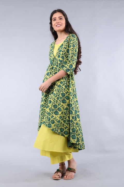 Yellow & Green Hand block Printed Cotton Jacket With Waterfall Hem