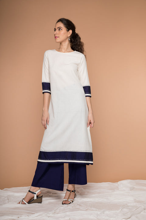 Order Off-White Color Block A-Line Kurta & Midnight Blue Cotton Palazzo - Set of 2 | Vinusto