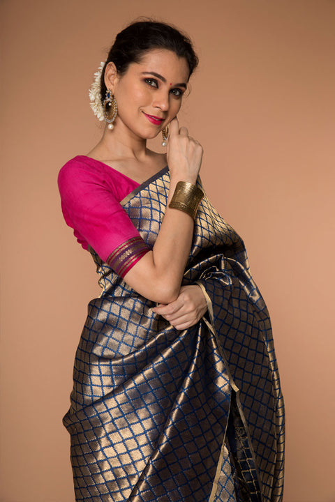 Order Handwoven Zari Saree in Gold & Royal Blue - Vinusto


