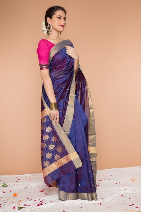 Order Handwoven Silk Saree in Midnight Blue - Vinusto

