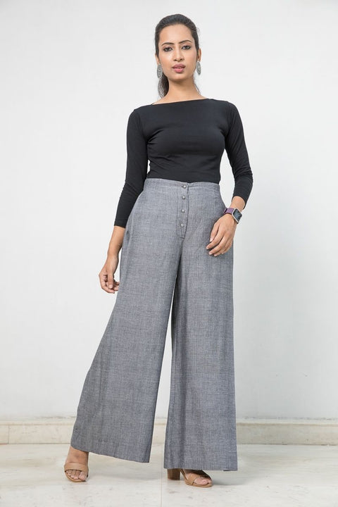 Handloom Cotton Flared Pants with box pleats in Slate Grey