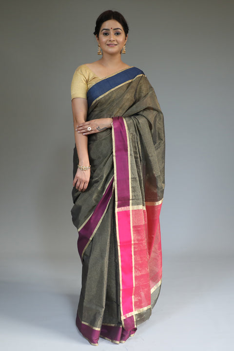 Shop Chanderi Tissue Saree in Oak Brown, Blue & Magenta – Stylish & Elegant | Vinusto

