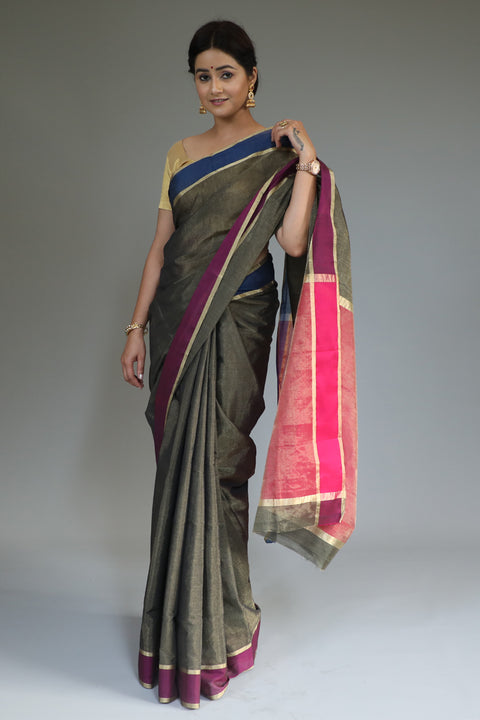Buy Chanderi Tissue Saree in Oak Brown, Blue & Magenta – Stylish & Elegant | Vinusto

