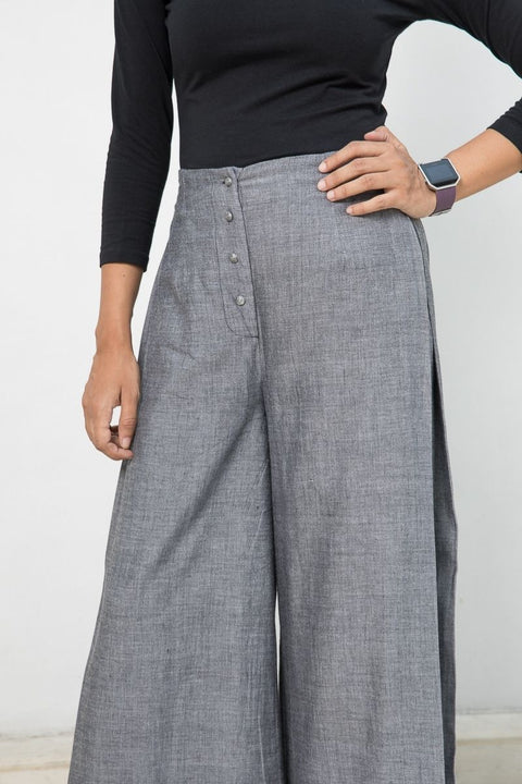 Luxury Handloom Cotton Flared Pants with Box Pleats in Slate Grey | Vinusto