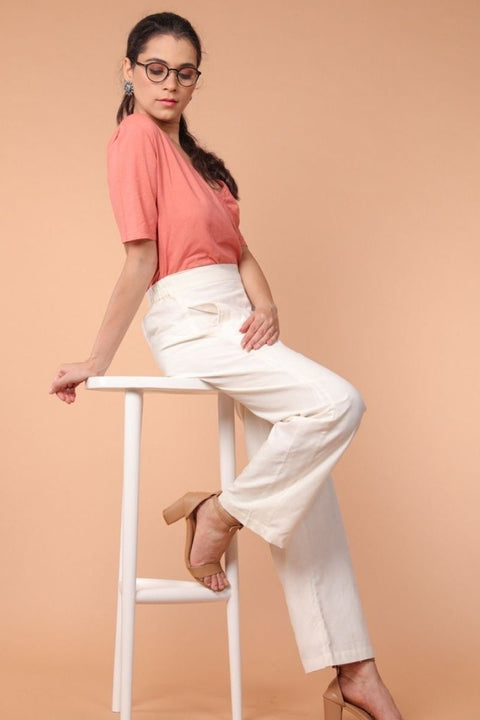 Co-ordinates- Wrap Shirt in Coral Cotton with White Loose Fit Straight Pants in Handwoven Cotton(Set of 2)