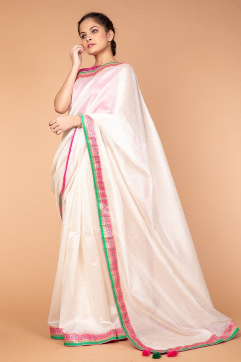 Shop Handcrafted Chanderi Saree in Off-White with Pink & Green Brocade Border - Vinusto

