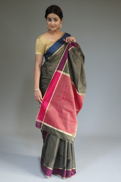 Chanderi Hand Loom Tissue Saree in Oak Brown, Blue & Magenta