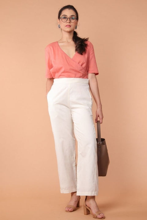 Buy Wrap Shirt in Coral Cotton with White Loose-Fit Straight Pants in Handwoven Cotton (Set of 2) | Vinusto