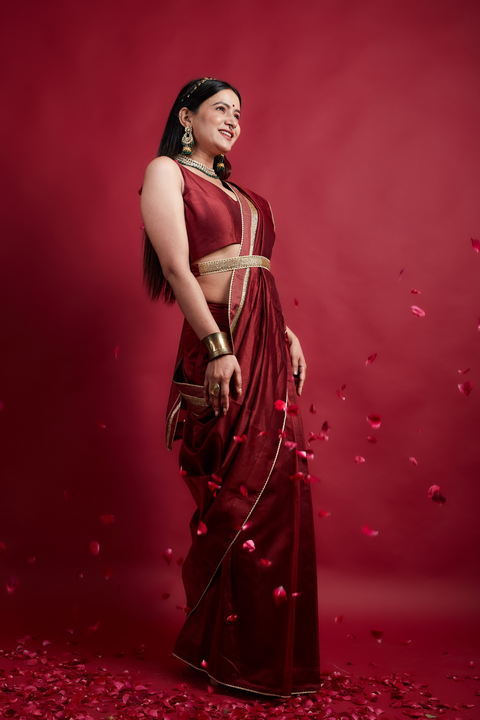  Order Ready-to-Wear Saree & Blouse in Maroon Chanderi Handloom with Embroidered Lace (Set of 2) | Vinusto