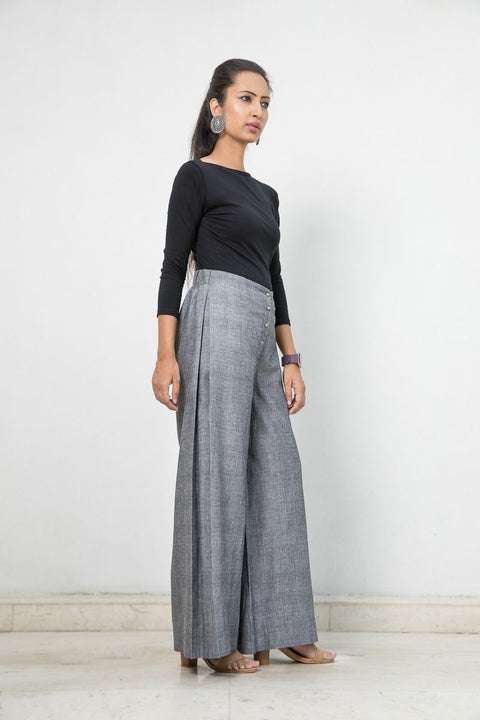 Buy Handloom Cotton Flared Pants with Box Pleats in Slate Grey | Vinusto