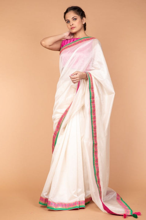 Buy Handcrafted Chanderi Saree in Off-White with Pink & Green Brocade Border - Vinusto

