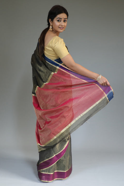 Chanderi Hand Loom Tissue Saree in Oak Brown, Blue & Magenta