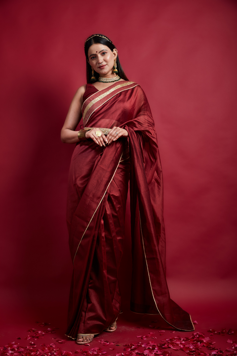 Coordinate Set- Ready to Wear Saree & Blouse in Maroon Chanderi Handloom with Embroidered Lace details (Set of 2)
