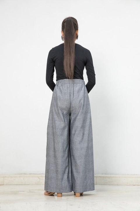Premium Handloom Cotton Flared Pants with Box Pleats in Slate Grey | Vinusto