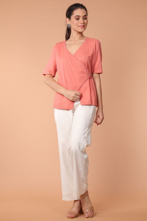 Order Wrap Shirt in Coral Cotton with White Loose-Fit Straight Pants in Handwoven Cotton (Set of 2) | Vinusto