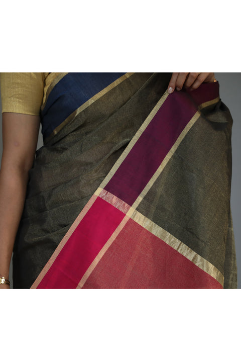 Premium Chanderi Tissue Saree in Oak Brown, Blue & Magenta – Stylish & Elegant | Vinusto

