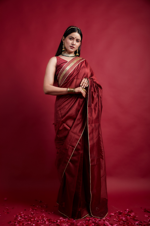 Shop Ready-to-Wear Maroon Chanderi Handloom Saree with Embroidered Lace Details


